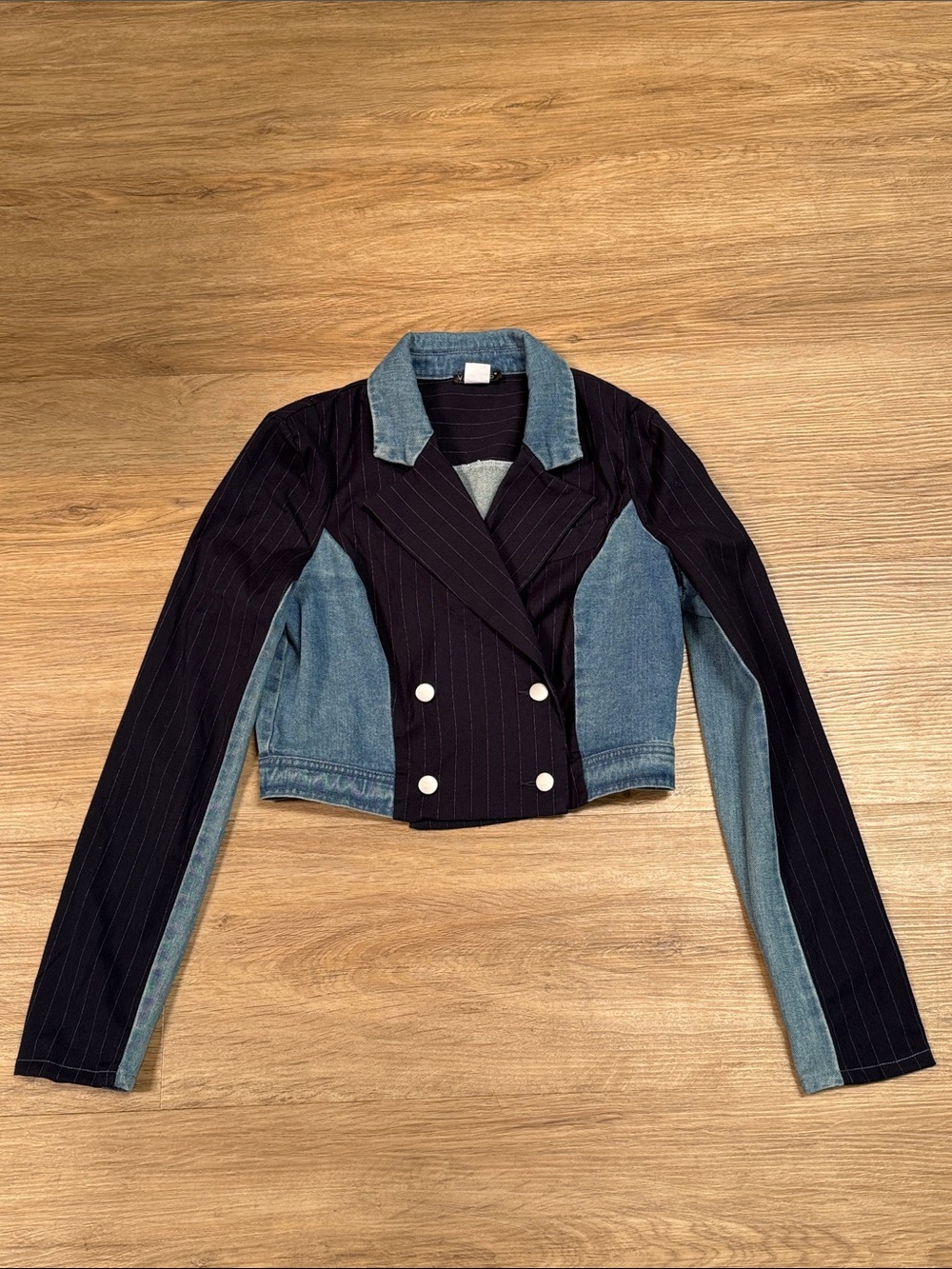 VENUS Pinstripe & Denim Cropped Double-Breasted Blazer - navy & denim